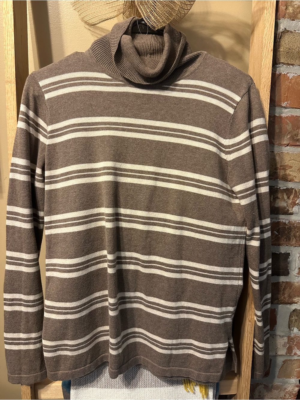 JEANNE PIERRE Brown and Cream Striped Turtleneck Sweater